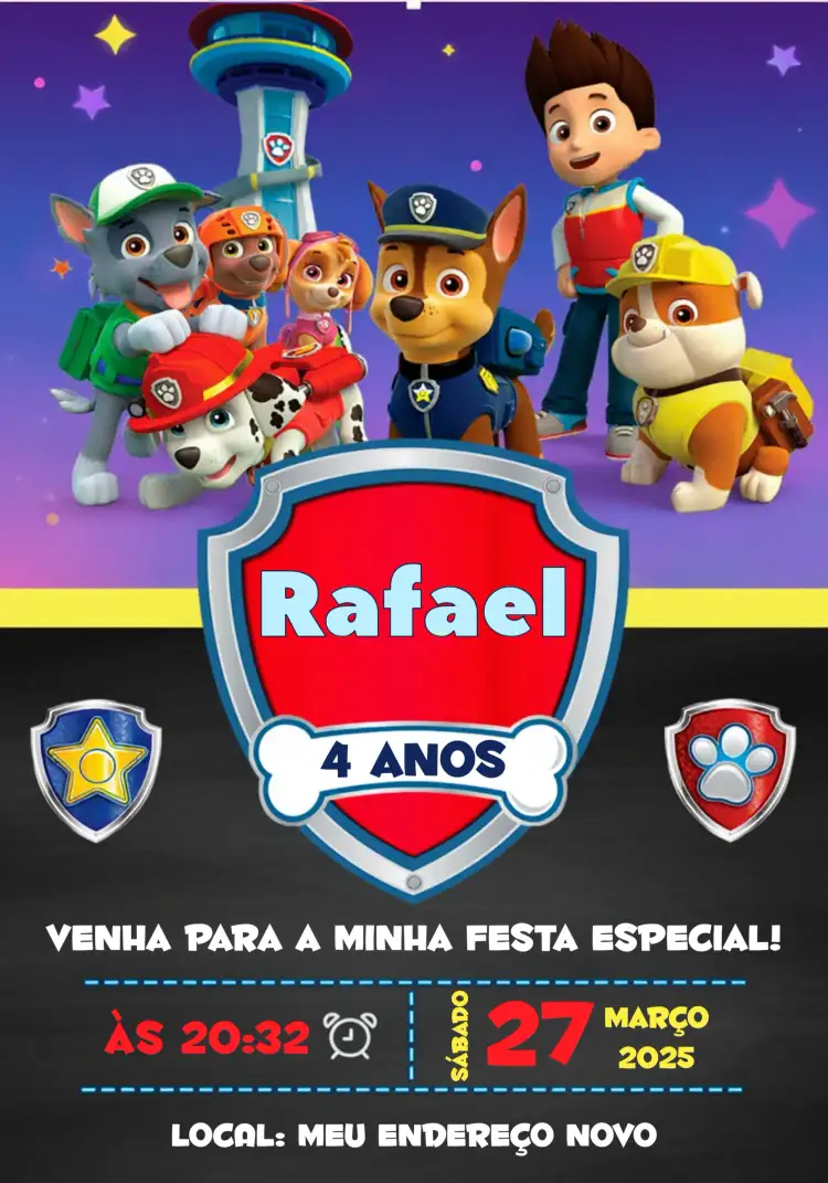 Convite Patrulha Canina Patrol – tema Aniversário Infantil cores vibrantes, estilo moderno, elementos gráficos da Patrulha Canina, design divertido, tema azul e preto