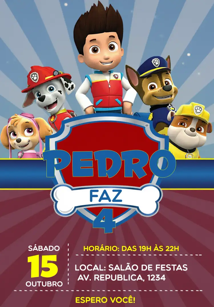 Convite Patrulha Canina Patrol – tema Aniversário Infantil colorido, divertido, temático, infantil, jovial
