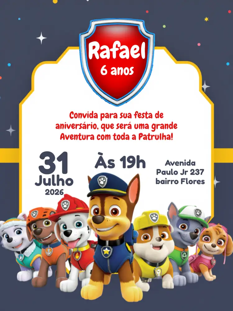 Convite Patrulha Canina Patrol – tema Aniversário Infantil colorido, divertido, infantil, temático, animais