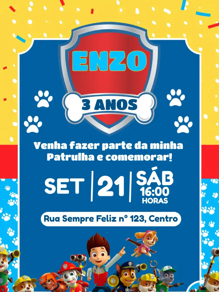 Convite Patrulha Canina Patrow – tema Aniversário Infantil azul, divertido, temático, animado, infantil