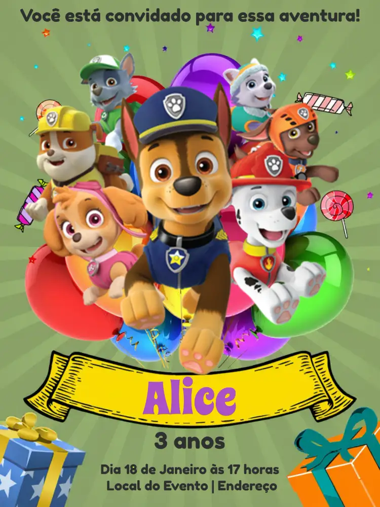 Convite Patrulha Canina Paw – tema Aniversário Infantil colorido, divertido, moderno, temático, infantil