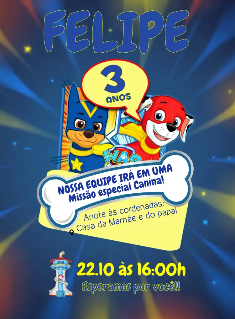 Convite Patrulha Canina Paw – tema Aniversário Infantil colorido, divertido, temático, infantil, animais