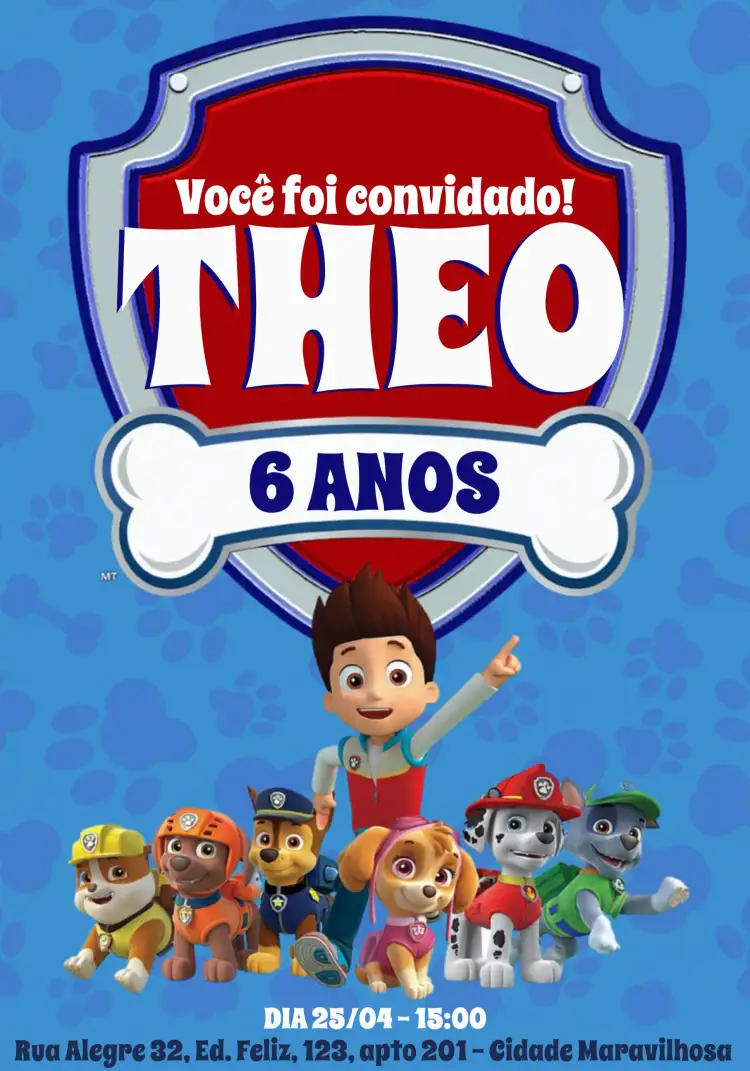 Convite Patrulha Canina Paw – tema Aniversário Infantil colorido, divertido, temático, infantil, animais