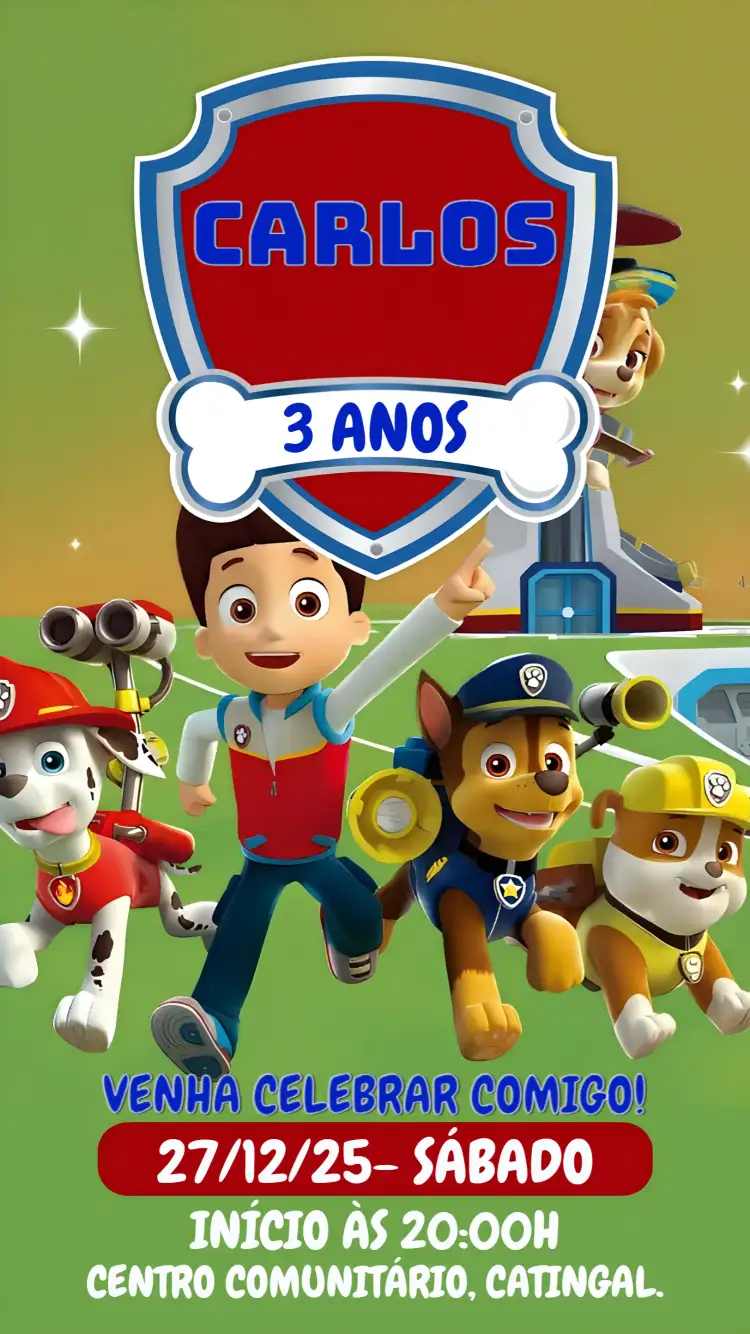 Convite Patrulha Canina Paw – tema Aniversário Infantil animação infantil, aventura