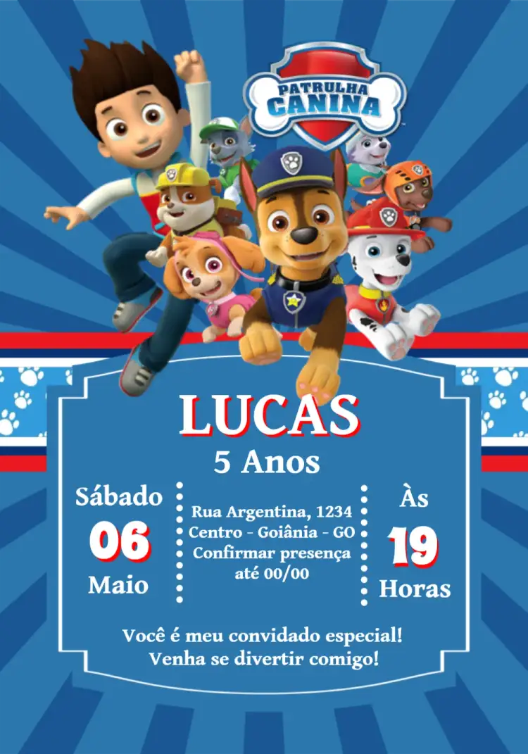Convite Patrulha Canina Personagens – tema Aniversário Infantil colorido, divertido, temática infantil, personagens animados, estilo moderno