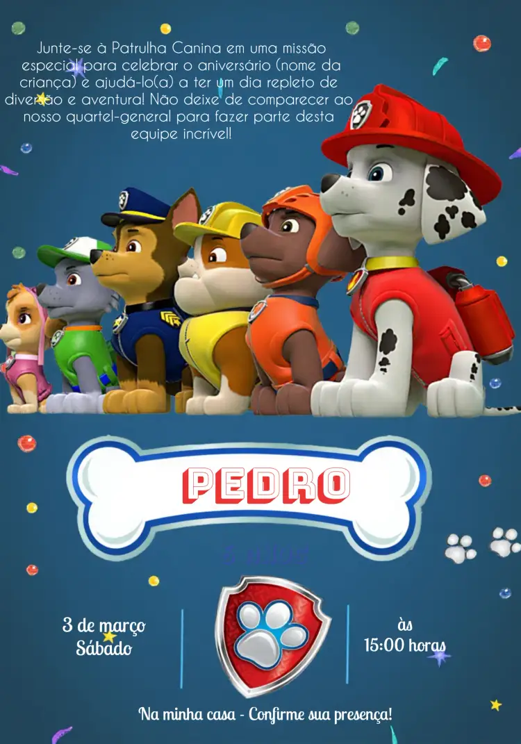 Convite Patrulha Canina Png – tema Aniversário Infantil azul, divertido, infantil, temático, colorido, moderno