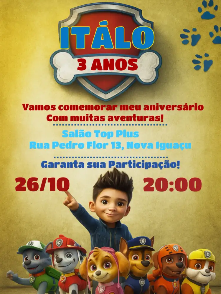 Convite Patrulha Canina – tema Aniversário Infantil colorido, temática de aventura, personagens animados, estilo divertido, gráficos infantis, cenas de ação