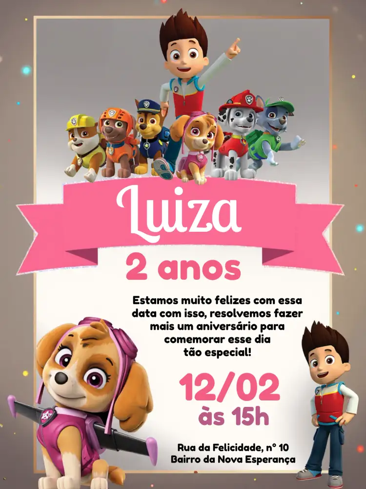 Convite Patrulha Canina Rocky – tema Aniversário Infantil colorido, aventura, temática infantil, animais, diversão, jovial