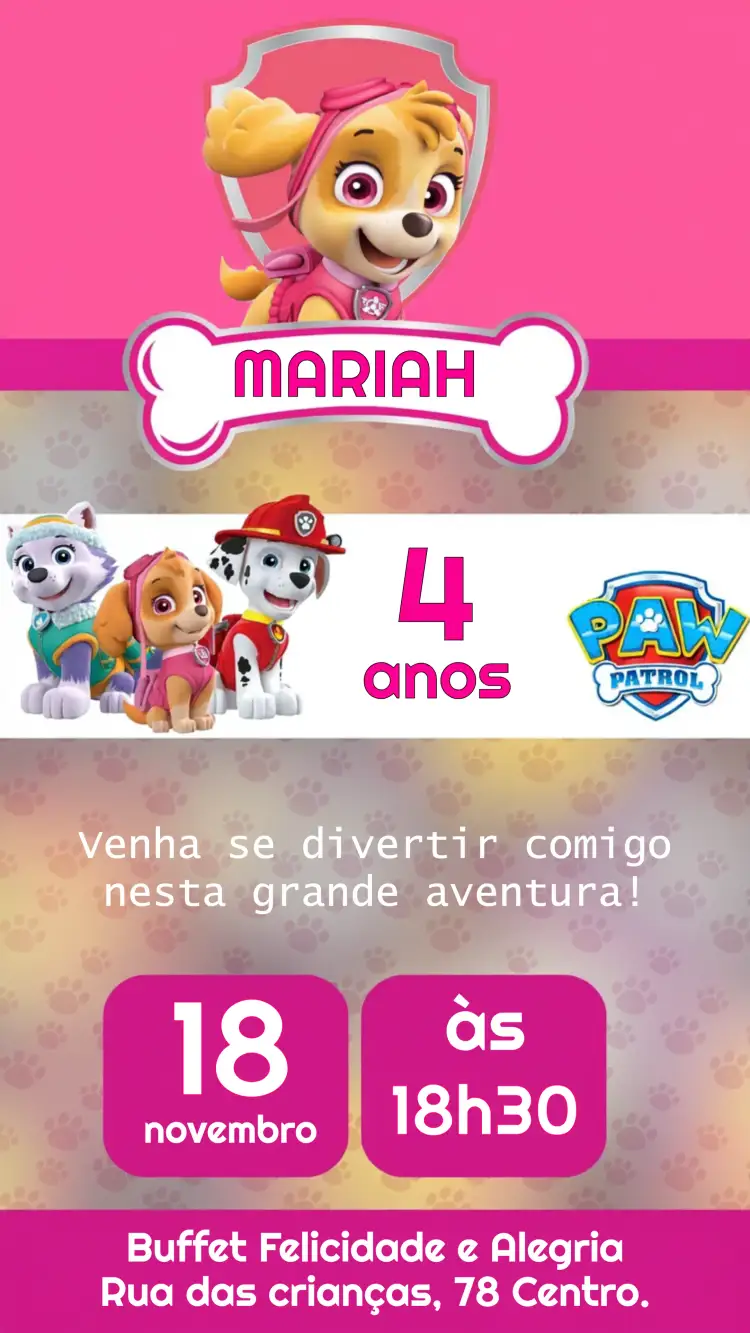Convite Patrulha Canina Rosa – tema Aniversário Infantil rosa, lúdico, divertido, colorido, temático, infantil