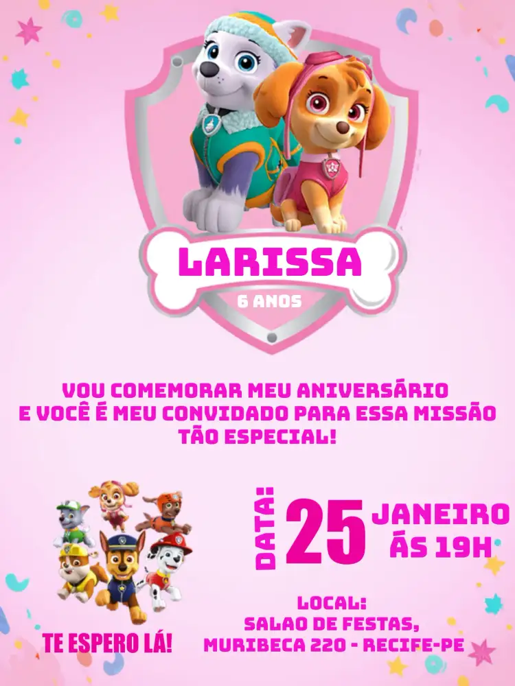 Convite Patrulha Canina Rosa – tema Aniversário Infantil cores vibrantes, estilo divertido, elementos gráficos da Patrulha Canina, tema de aventuras, estilo infantil