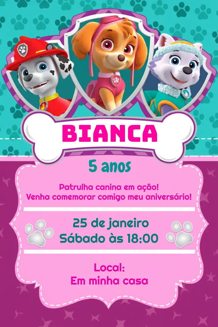 Convite Patrulha Canina Rosa