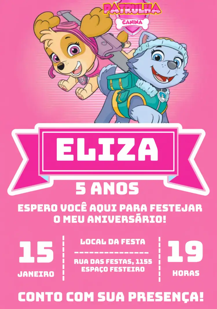 Convite Patrulha Canina Rosa – tema Aniversário Infantil rosa e pink, lúdico, divertido, temática infantil, colorido, moderno