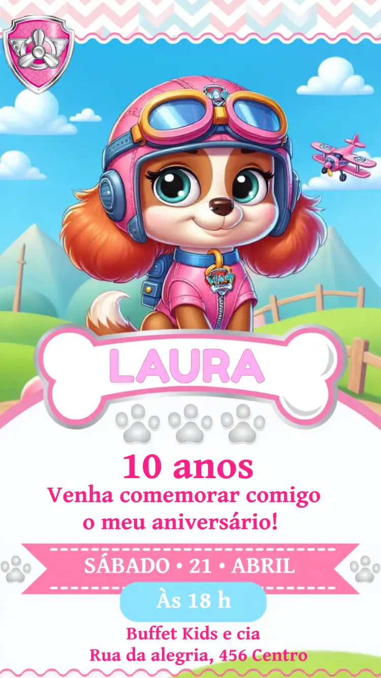 Convite Patrulha Canina Rosa – tema Aniversário Infantil rosa, lilás, divertido, infantil, colorido, temático