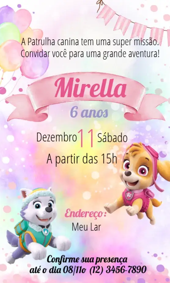 Convite Patrulha Canina Rosa – tema Aniversário Infantil rosa, lilás, divertido, infantil, colorido, temático