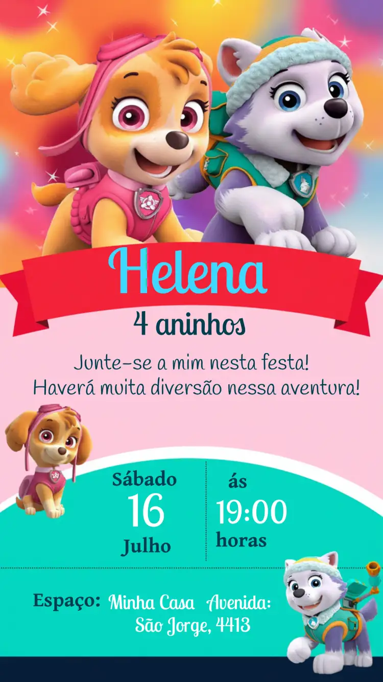 Convite Patrulha Canina Rosa – tema Aniversário Infantil rosa, divertido, ilustrações de personagens, elementos gráficos infantis, cores suaves