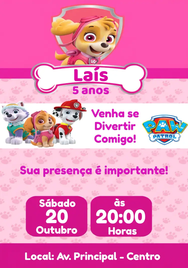 Convite Patrulha Canina Rosa – tema Aniversário Infantil cores vivas, divertido, personagens animados, estilo infantil, ilustrações coloridas, tema de aventura