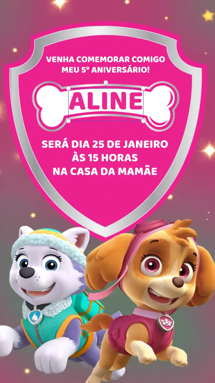 Convite Patrulha Canina Rosa – tema Aniversário Infantil rosa, divertido, temático, colorido, infantil, animado