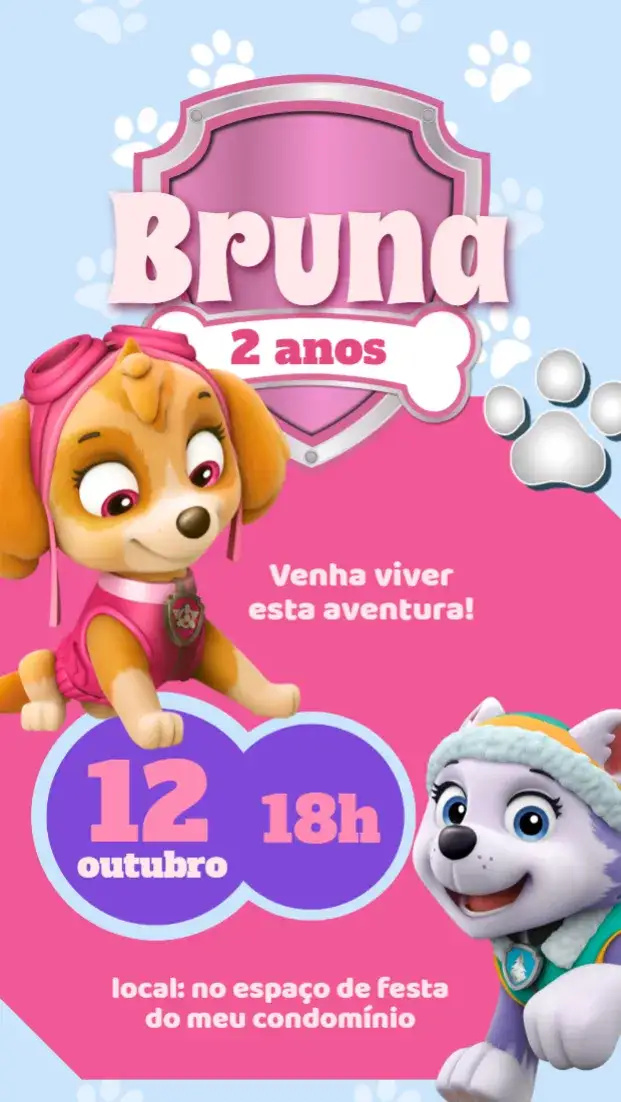 Convite Patrulha Canina Rosa da Sky – tema Aniversário Infantil rosa, divertido, temático, infantil, colorido