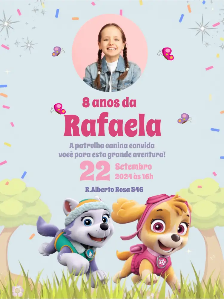 Convite Patrulha Canina Rosa Íris – tema Aniversário Infantil rosa, arco-íris, divertido, lúdico, infantil, colorido