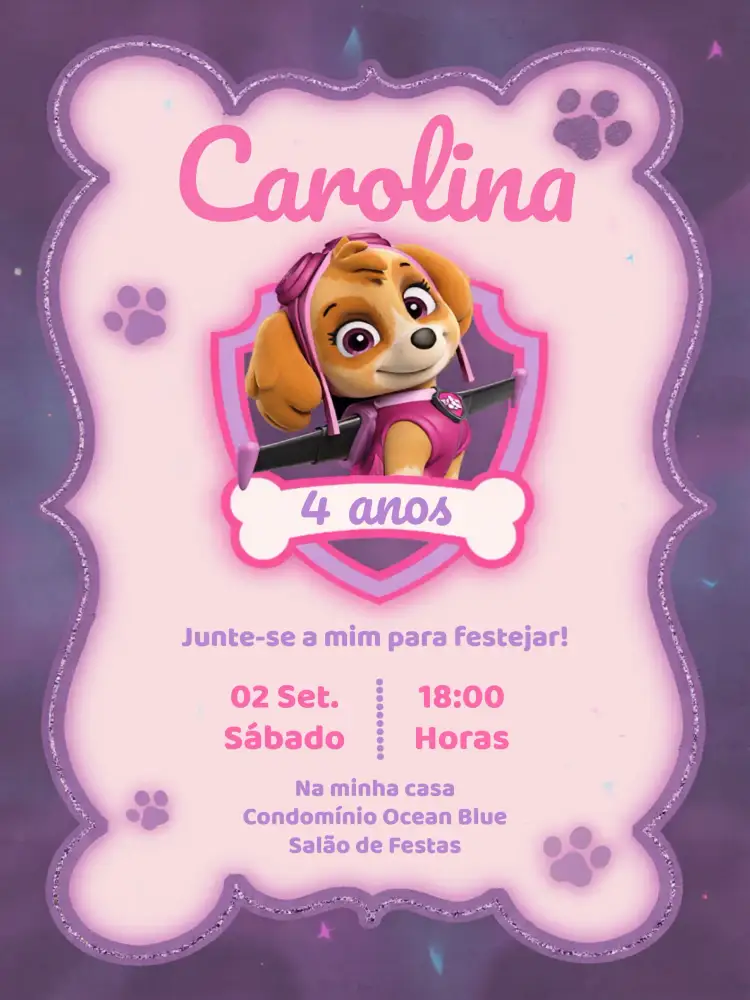 Convite Patrulha Canina Rosa Patrol – tema Aniversário Infantil rosa, lilás, branco, divertido, infantil, temático