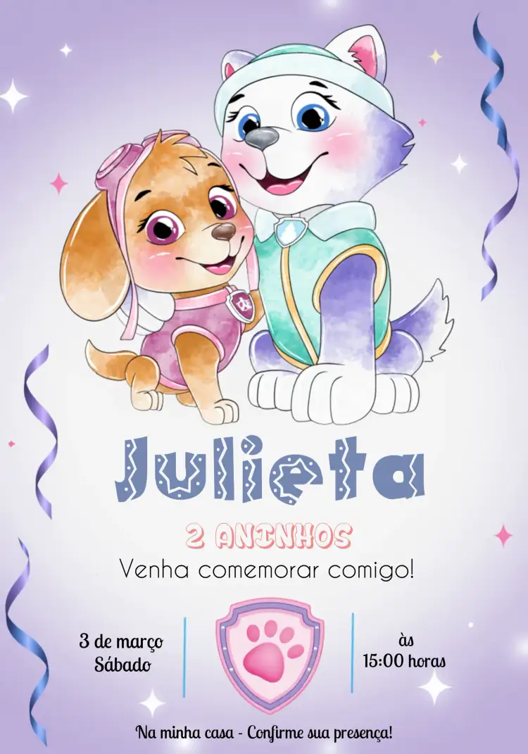 Convite Patrulha Canina Roxo – tema Aniversário Infantil roxo vibrante, divertido, colorido, temático, infantil, alegre