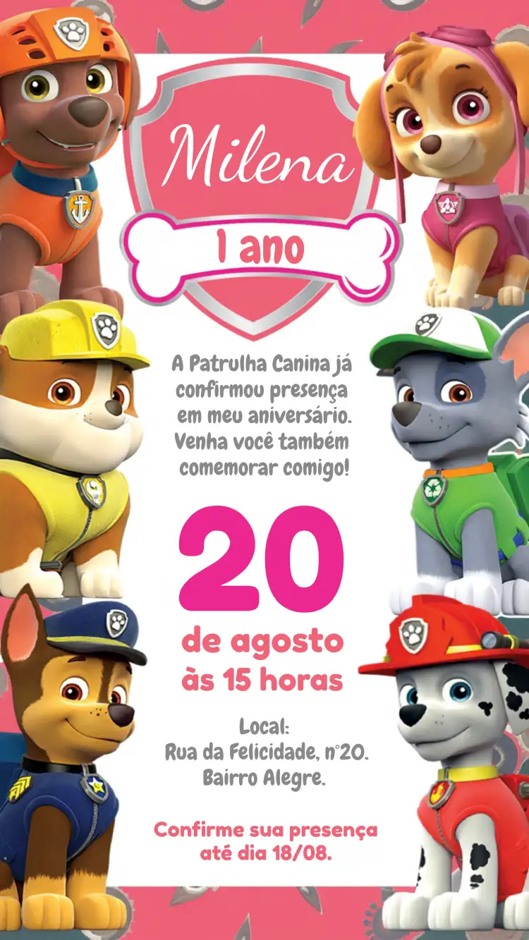 Convite Patrulha Canina Rubble – tema Aniversário Infantil colorido, divertido, temático, infantil, aquarela, ilustrações de animais