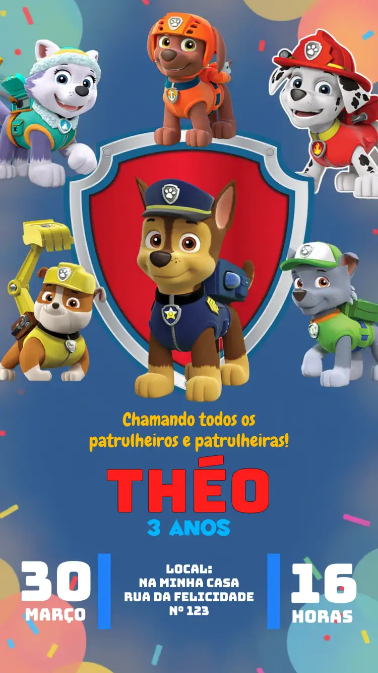 Convite Patrulha Canina Rubble – tema Aniversário Infantil colorido, divertido, infantil, temático, animado, moderno