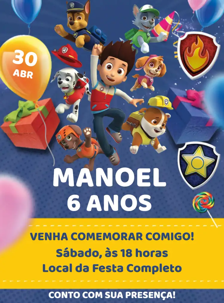 Convite Patrulha Canina Rubble – tema Aniversário Infantil azul vibrante, personagens da Patrulha Canina, estilo divertido, design infantil, elementos gráficos lúdicos, tema de aventura