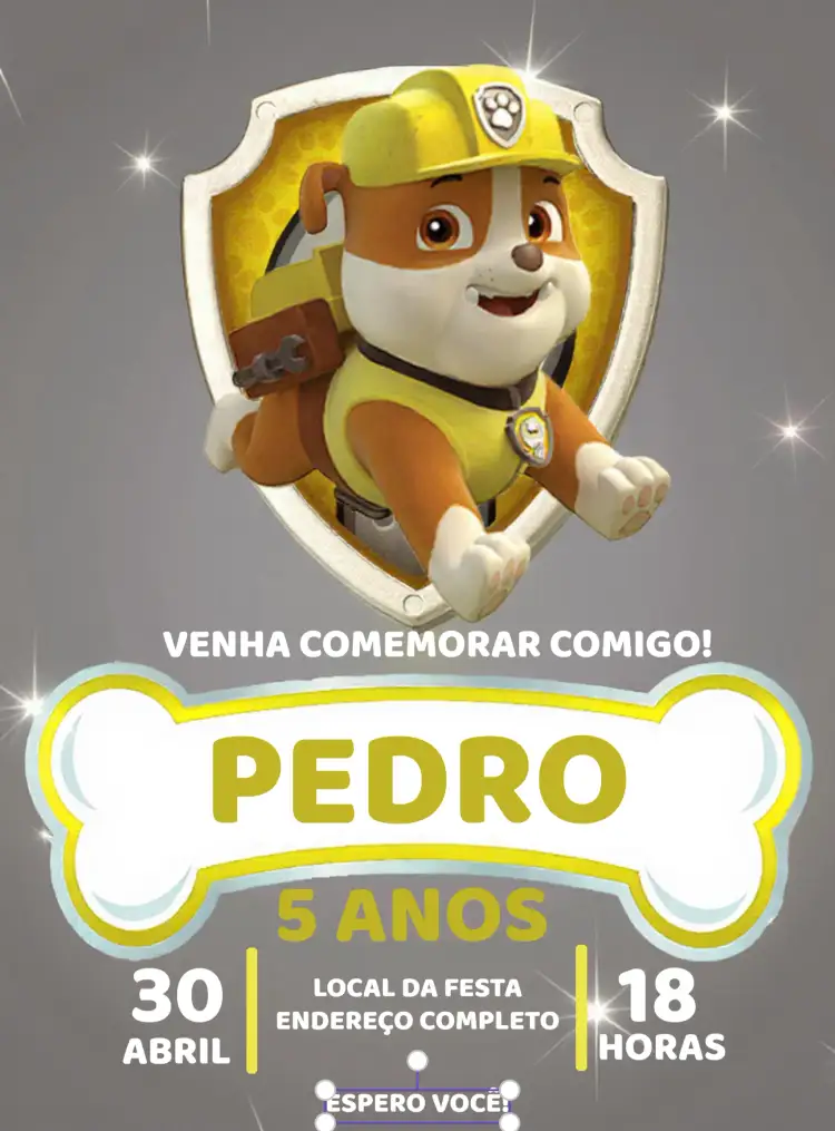 Convite Patrulha Canina Rumble Vermelho – tema Aniversário Infantil vermelho, cinza, temática infantil, personagens da Patrulha Canina, estilo animado, design colorido