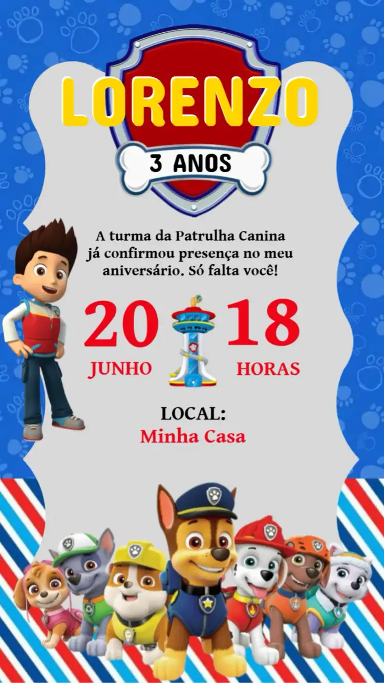 Convite Patrulha Canina S – tema Aniversário Infantil vibrante, colorido, divertido, temático, moderno