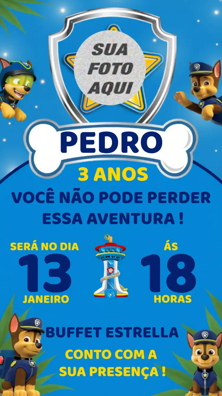 Convite Patrulha Canina Skay – tema Aniversário Infantil colorido, temático, divertido, infantil, animado, azul