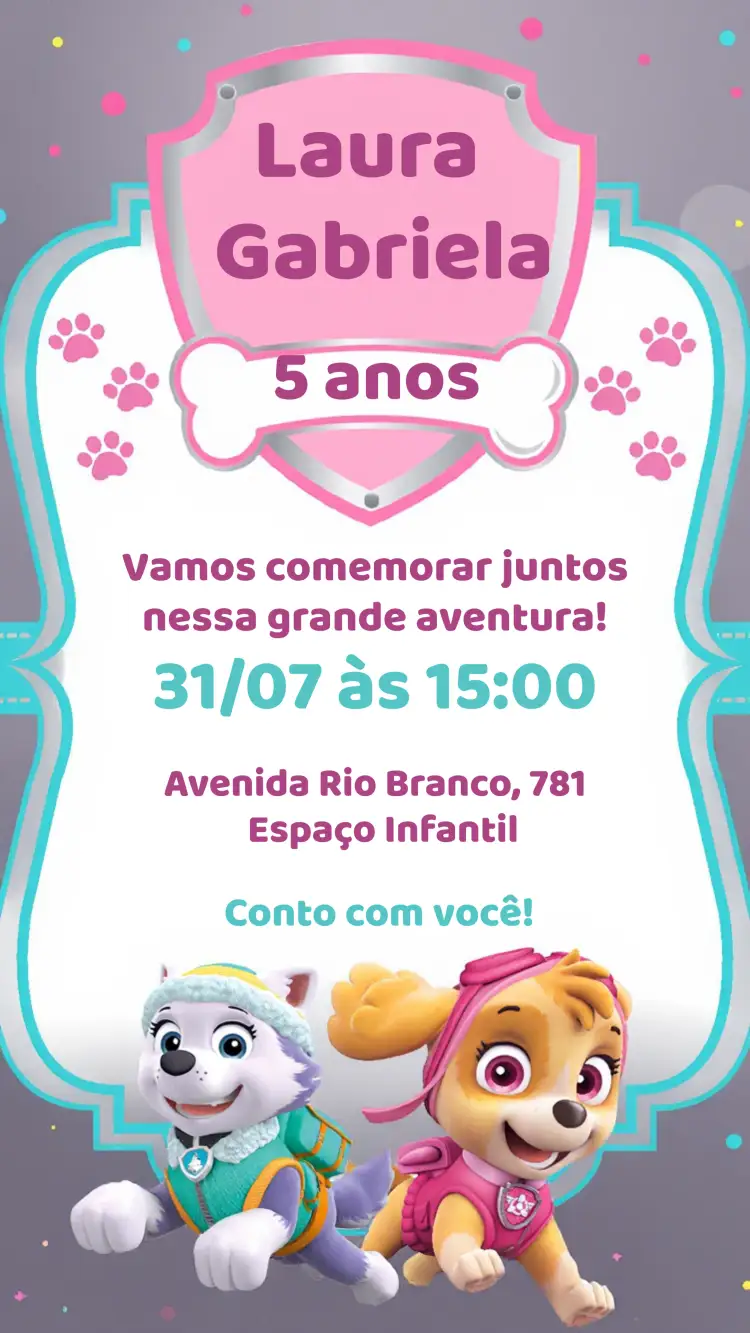 Convite Patrulha Canina Sky E Everest Rosa – tema Aniversário Infantil colorido, divertido, infantil, moderno, temático