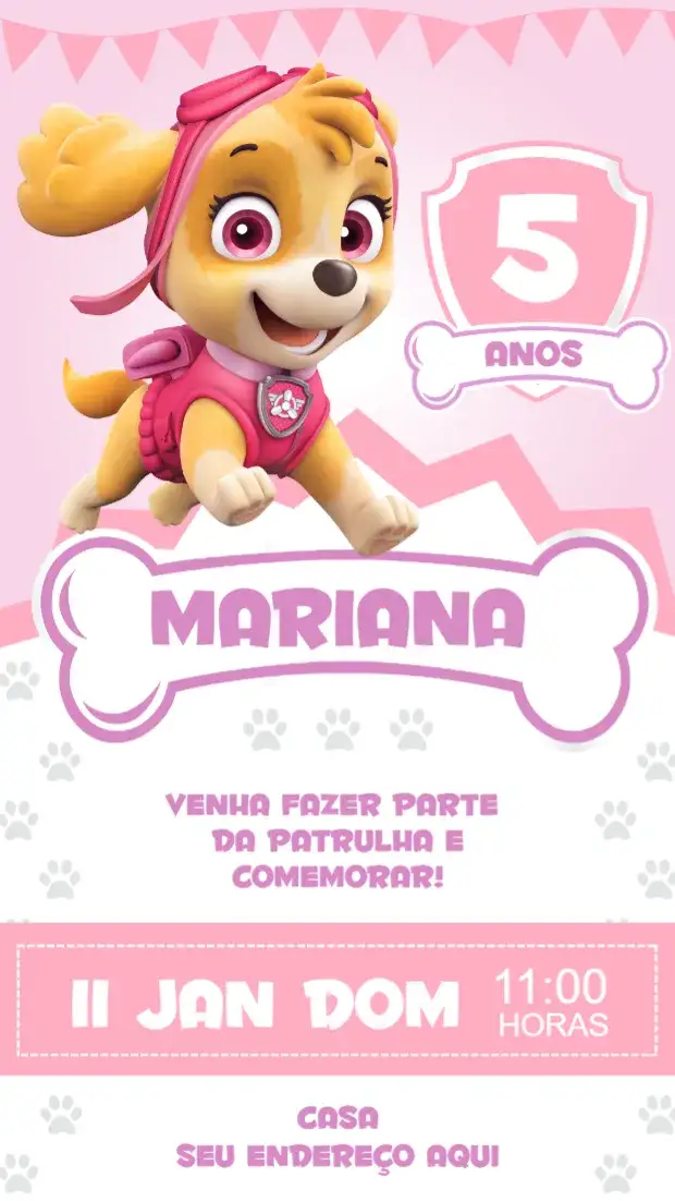 Convite Patrulha Canina Skye – tema Aniversário Infantil colorido, divertido, temático, infantil, lúdico