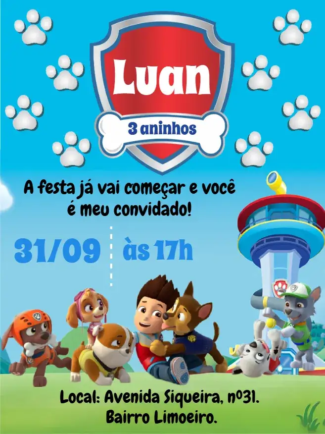Convite Convite digital Patrulha Canina – tema Aniversário Infantil colorido, divertido, temático, infantil, animado, moderno