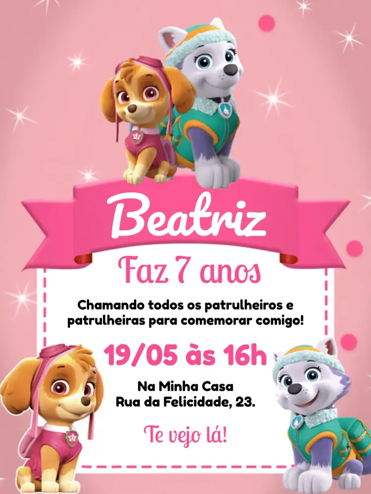 Convite Patrulha Canina Skye E Everest Patrulheira