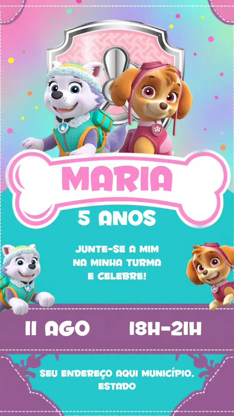 Convite Patrulha Canina Skye Everest Infantil – tema Aniversário Infantil rosa, temática, divertido, gráfico, colorido