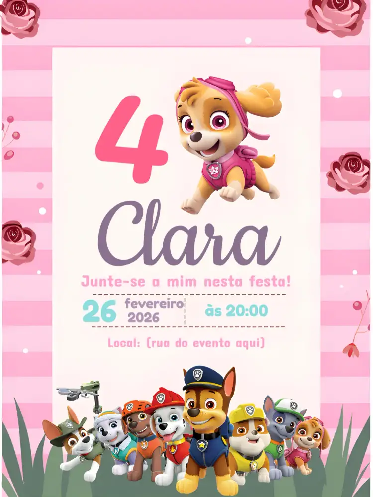 Convite Patrulha Canina Skye Floral – tema Aniversário Infantil floral, colorido, divertido, animado, moderno, infantil