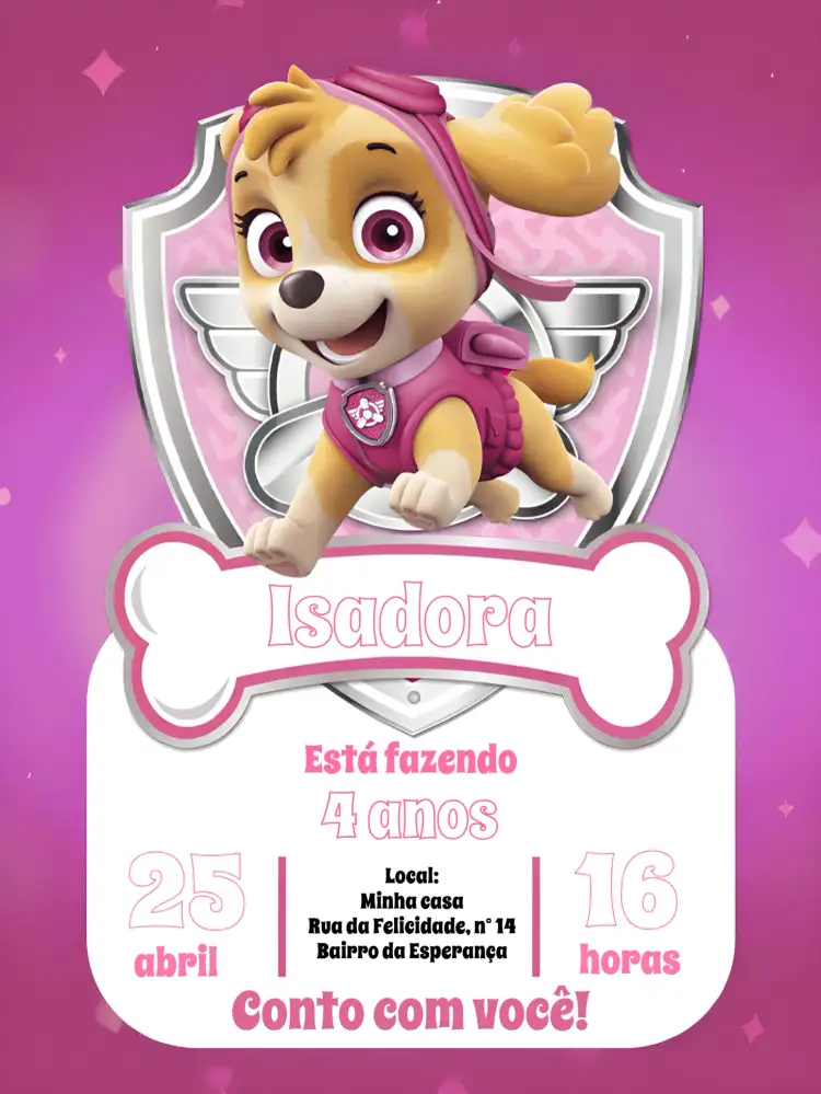 Convite Patrulha Canina Skye Marshall – tema Aniversário Infantil cores vibrantes, estilo infantil, elementos da Patrulha Canina, ilustrações lúdicas, tema de cachorro, detalhes em rosa