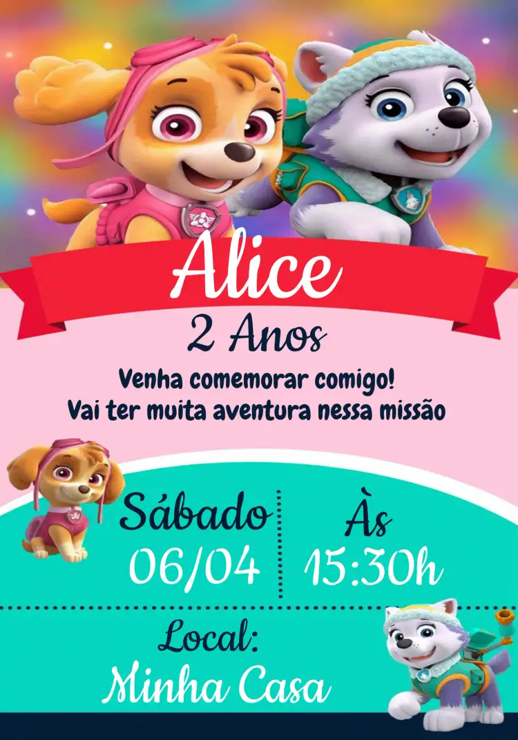Convite Patrulha Canina Skye Menina – tema Aniversário Infantil rosa, divertido, temático, colorido, infantil