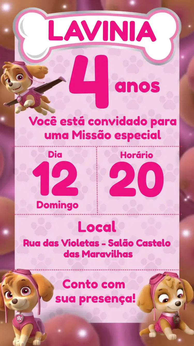 Convite Patrulha Canina Skye Menina – tema Aniversário Infantil rosa, infantil, divertido, colorido, temático, moderno