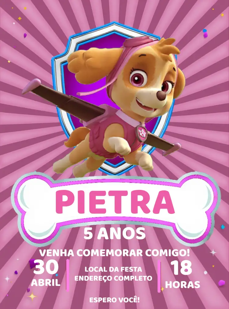 Convite Patrulha Canina Skye Paw – tema Aniversário Infantil rosa, aventura, infantil, divertido, personagens