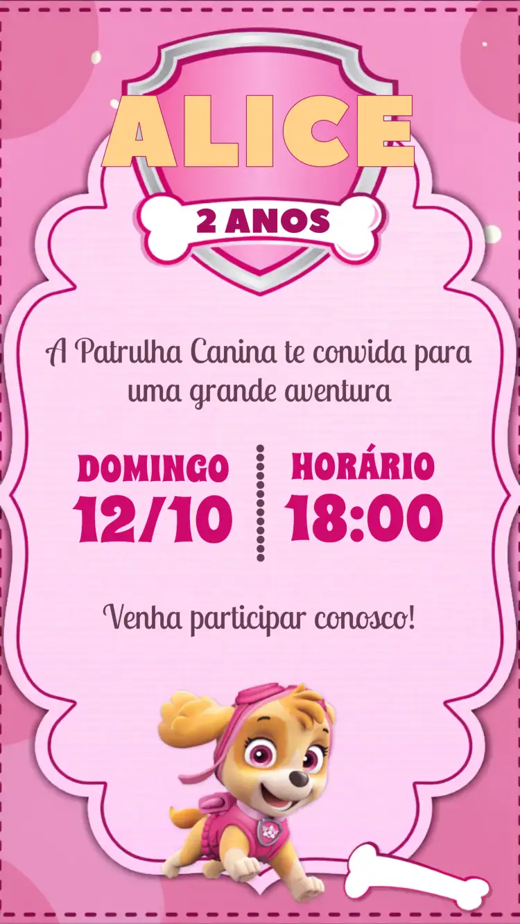 Convite Patrulha Canina Skye Pink – tema Aniversário Infantil rosa, lilás, divertido, infantil, colorido, temático