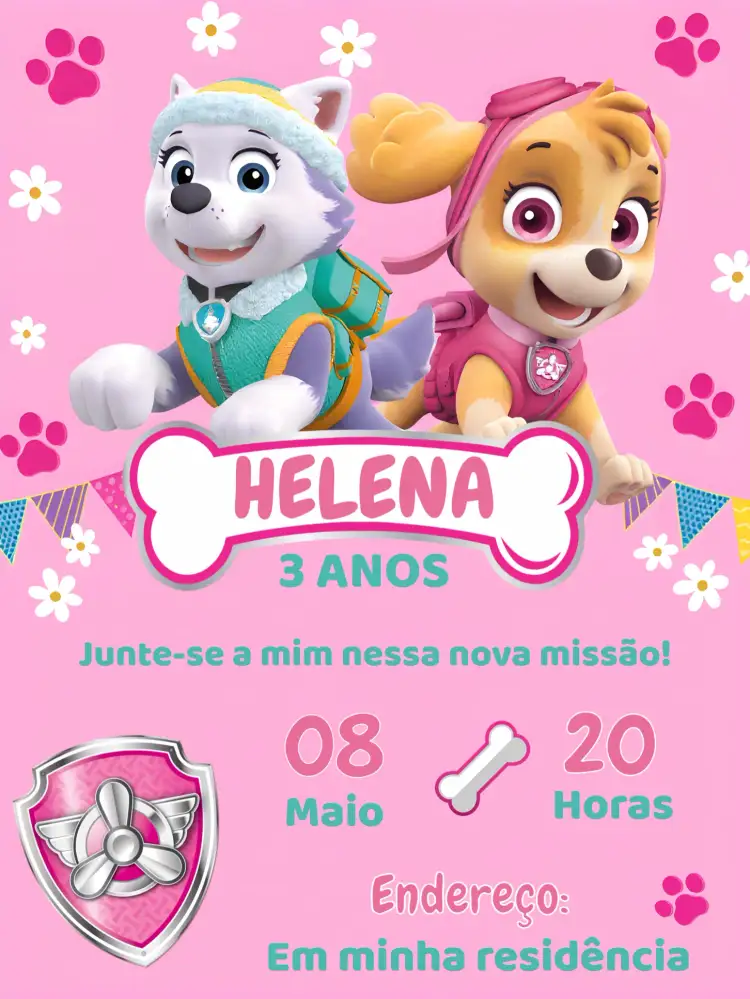 Convite Patrulha Canina Skye Rosa – tema Aniversário Infantil rosa, pink, divertido, infantil, temática, colorido