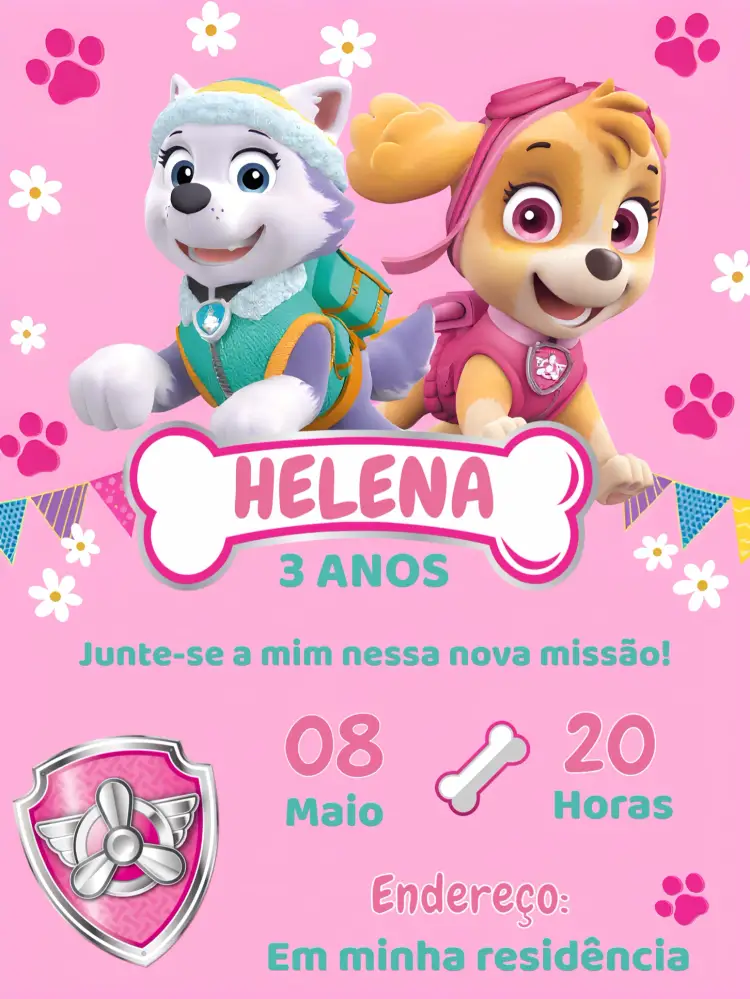 Convite Patrulha Canina Skye Rosa
