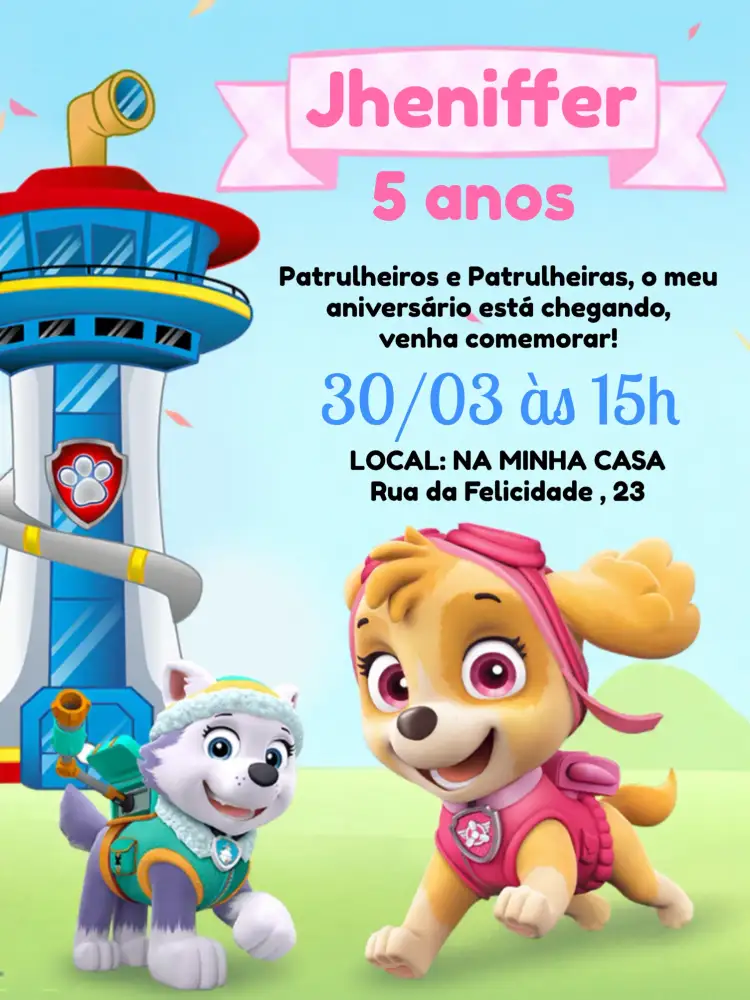 Convite Patrulha Canina Skye Rosa – tema Aniversário Infantil rosa, lúdico, colorido, divertido, temático, infantil