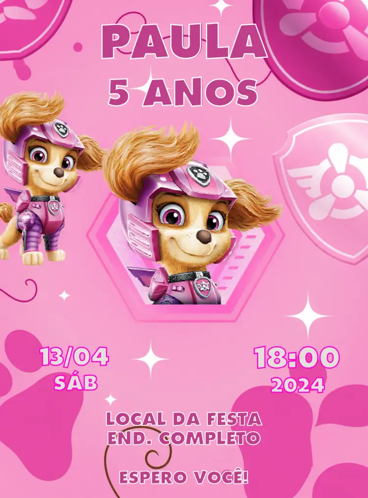 Convite Patrulha Canina Skye Rosa