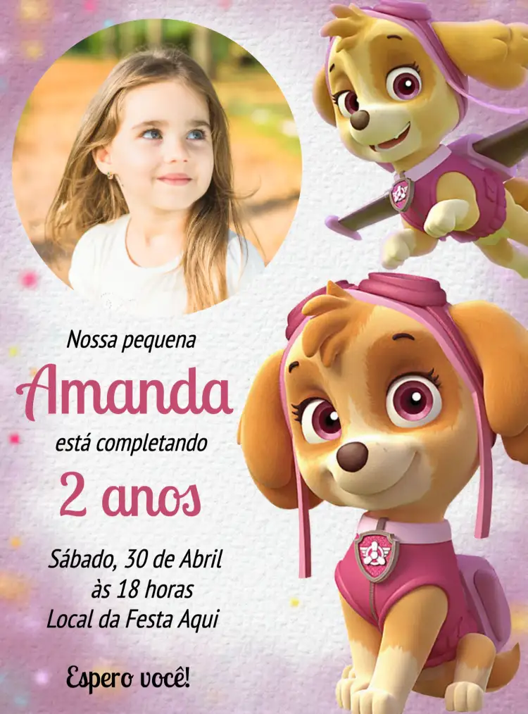 Convite Patrulha Canina Skye Rosa – tema Aniversário Infantil rosa, divertido, aventura, ilustrações infantis, temática canina, colorido
