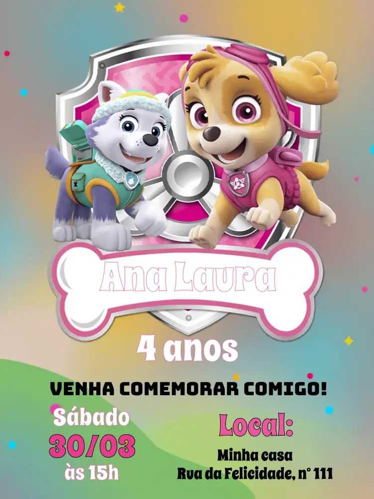 Convite Patrulha Canina Skye Rosa
