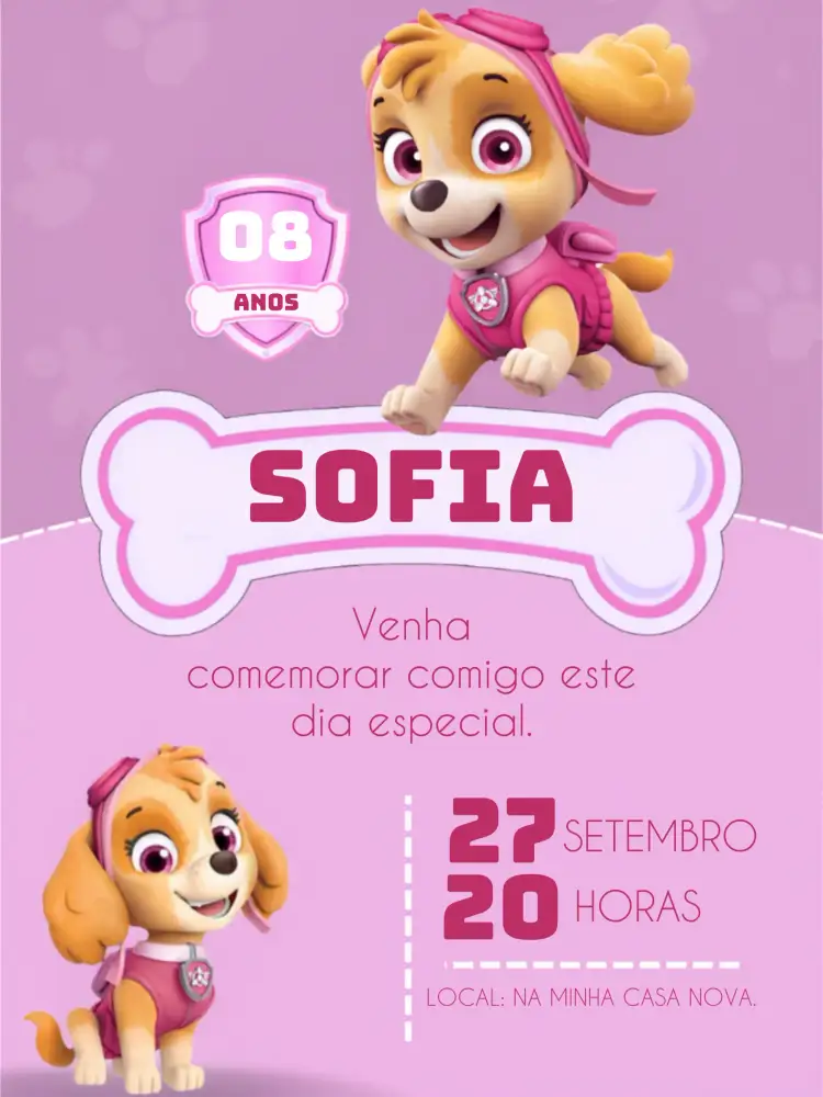 Convite Patrulha Canina Skye Rosa – tema Aniversário Infantil rosa, branco, lilás, divertido, infantil, temático