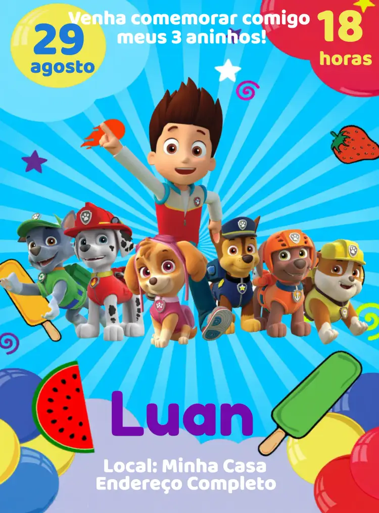 Convite Patrulha Canina Verde – tema Aniversário Infantil divertido, colorido, moderno, temático, infantil